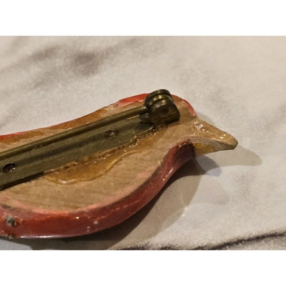 Vintage Hand Painted Red Bird Brooch Wood Bird Pin Folk Art Cardinal Style #1353